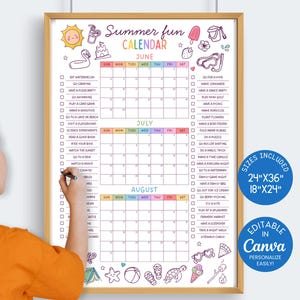 Editable Summer Calendar Poster, Summer Activities Checklist, Printable Large 2025 Summer Calendar, Summer Bucket List Canva Download SC5
