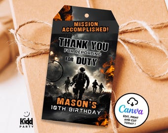 Editable Thank You Soldier Gift Tag, Army Birthday Favor Label, War Video Game Favor Tag, Military Party Favor Tag, Digital Download AP12