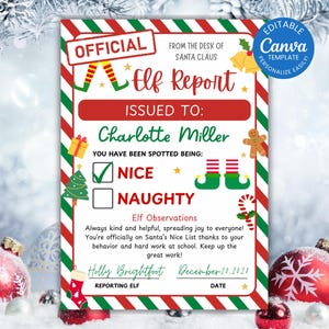 May include: A Christmas-themed Elf Report template with a red and green border. The report is addressed to Charlotte Miller and indicates she has been "NICE." The template includes festive illustrations and the text "Editable Canva Template."