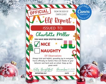 Puede incluir: Una plantilla de Informe de Elfo navideño con un borde rojo y verde. El informe está dirigido a Charlotte Miller e indica que ha sido "NICE". La plantilla incluye ilustraciones festivas y el texto "Plantilla Canva editable".