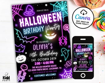 Neon Halloween Birthday Party Invitation, Kid Glow Spooky Ghost Party Evite, Editable Canva Template