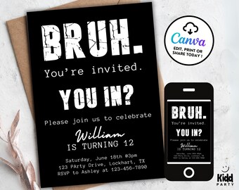 Modello di invito di compleanno per fratello - Invito moderno in bianco e nero su Canva - Festa di compleanno per ragazzi adolescenti - Fratello sei invitato - Fratello sei invitato BI1