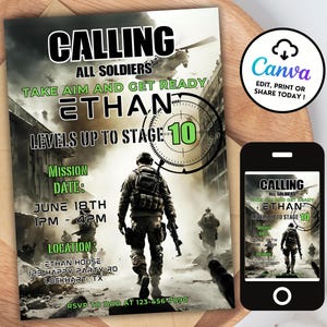 Calling All Soldiers uitnodiging, militaire videogame, Airsoft Party, oorlogsthema uitnodigen, leger tiener verjaardagsuitnodiging, bewerkbare sjabloon AP10