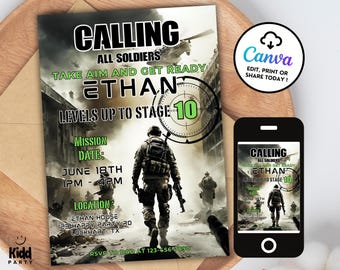 Calling All Soldiers Invitation, Military Video Game, Airsoft Party, War theme Invite, Army Teen Birthday Invite, Editable Template AP10