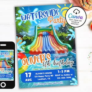 Bearbeitbare Wasserschiebefolie Geburtstagseinladung, Sommer Pool Party Bash, Splash Birthday Evite, Canva Template Whg