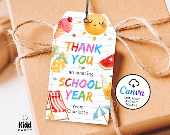 May include: A gift tag with a summer theme, featuring a smiling sun, ice cream cone, watermelon slice, and beach chair. The tag reads "THANK YOU for an amazing SCHOOL YEAR from Charlotte."