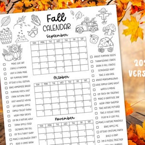 May include: A black and white printable 2026 Fall calendar featuring September, October, and November grids. The page includes illustrations of pumpkins, a truck, a scarecrow, and a checklist of seasonal activities like making leaf art.