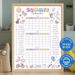 Printable Summer Calendar Poster, Coloring Fun Activities Checklist, Large 2025 Summer Calendar, Kids Bucket List PDF Instant Download SC3