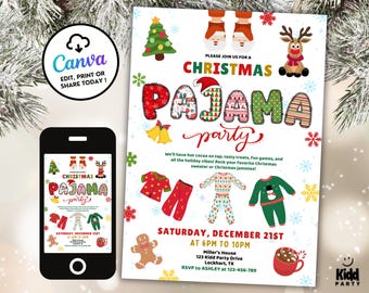 Editable Christmas Pajama Invitations, Holiday Pajama Invite, Kids Christmas Party, Slumber Party, Kids Sleepover Party Canva Invite UG12
