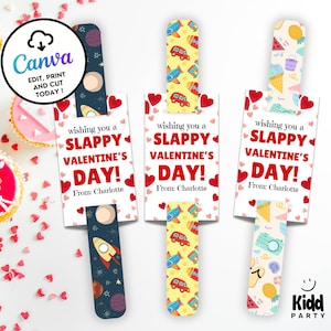 Peut inclure: Trois cartes de Saint-Valentin imprimables avec le texte "wishing you a SLAPPY VALENTINE'S DAY!" et "From: Charlotte". Chaque carte a un motif de fond coloré différent avec des fusées, des voitures et des cornets de glace.