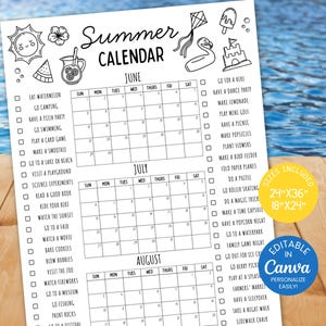 Bearbeitbares Sommerkalenderposter, Checkliste für Sommeraktivitäten, druckbarer großer Sommerkalender, Sommerbucketliste Canva Digital Download SC1