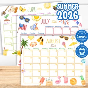 Könnte beinhalten: Ein druckbarer Sommerkalender für 2026 mit den Monaten Juni, Juli und August. Der Kalender ist mit Aquarellillustrationen von sommerlichen Objekten wie Sonnenbrillen, Eiscreme und einem Strandball verziert. Der Text "Summer 2026" wird oben angezeigt.