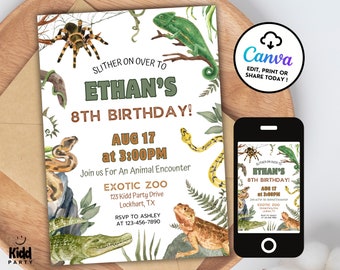 May include: A colorful invitation for an 8th birthday party with a jungle theme. The invitation features a green snake, a brown lizard, a green chameleon, a brown alligator, and a brown spider. The text on the invitation reads "Slither on over to Ethan's 8th Birthday! Aug 17 at 3:00PM Join us for an animal encounter Exotic Zoo 123 Kidd Party Drive Lockhart, TX RSVP to Ashley at 123-456-7890"