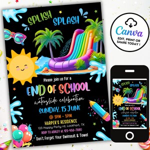 End of School Water Slide Party Invitation, Splash Party Invite Goodbye School Hello Pool, Summer Party Editable Canva Digital Invite ES8