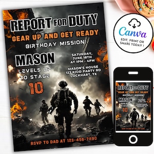 Może przedstawiać: Zaproszenie na przyjęcie urodzinowe dla chłopca, który kończy 10 lat. Zaproszenie przedstawia kamuflażowe tło z żołnierzami i eksplozjami. Tekst brzmi "Report for Duty, Gear Up and Get Ready, Birthday Mission! Mason Levels Up to Stage 10".