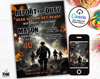 Editable Report For Duty Invitation, Birthday Mission, Soldiers, Military Gaming, War theme, Army Invitation, Teen Birthday Theme Canva AP12