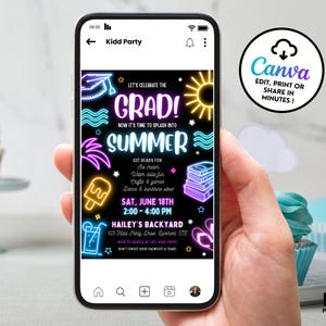 Op de afbeelding: Een smartphone toont een kleurrijke uitnodiging voor een Kidd Party, ter viering van afstuderen en de zomer. Het ontwerp maakt gebruik van neon graphics van een afstudeerhoed, golven en een zon, met de tekst "GRAD! SUMMER".