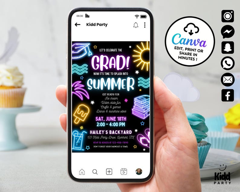 Op de afbeelding: Een smartphone toont een kleurrijke uitnodiging voor een Kidd Party, ter viering van afstuderen en de zomer. Het ontwerp maakt gebruik van neon graphics van een afstudeerhoed, golven en een zon, met de tekst "GRAD! SUMMER".