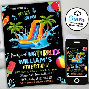 Invito di compleanno modificabile con scivolo d'acqua - Festa in piscina estiva - Invito di compleanno Splash - Festa con scivolo d'acqua Modello moderno Canva per ragazzi e ragazze WP1