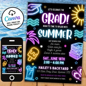 Splash Into Summer Grad Invite, Neon Splash Party Invite, Glow Graduation Party, Editable Summer Grad Pool Party Invite Canva Digital ES9