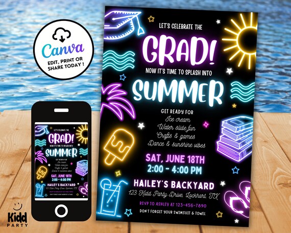 Splash Into Summer Grad Invite, Neon Splash Party Invite, Glow Graduation Party, Editable Summer Grad Pool Party Invite Canva Digital ES9