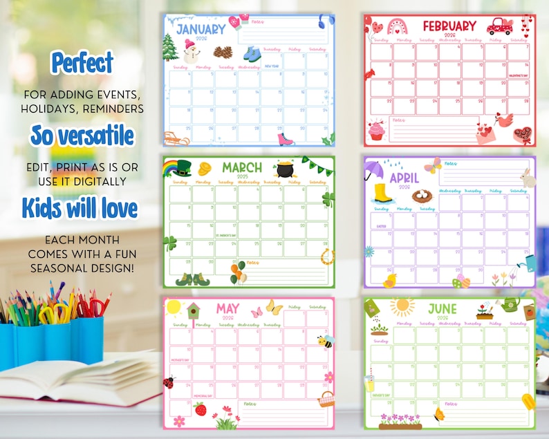 Printable 2026 Calendar, Family Monthly Planner, Kid School Schedule Wall Calendar, Editable Canva SY6 image 3