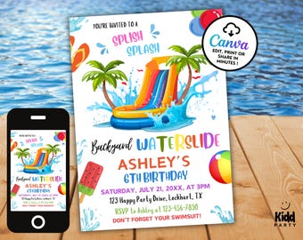 Waterslide-Geburtstagseinladung, Sommer-Lache-Party, Junge-Mädchen-Spritz-Geburtstag, bearbeitbare Canva-Vorlage Wh
