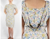 Vintage 60 39 s Springtime Floral Cotton Wiggle Dress with Pleated V Back and Rhinestone Detailing by Sidney Kramer Original Medium