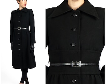 Vintage 1960s Black Fitted Wool Coat Jacket with Fitted Waist and Belt by Gunter Project 2 | XS Small