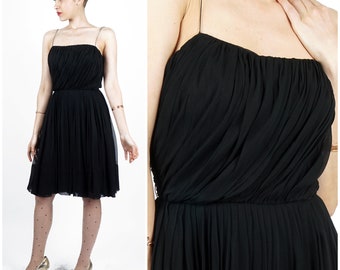 Classic Vintage 1960s Draped Chiffon Black Party Dress by I. Magnin | Small