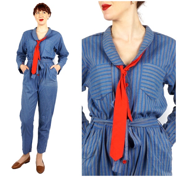 Vintage 1980s 100% Cotton Blue & Gray Stripe Jumps