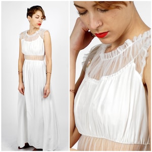 Vintage 1960s White Floor Length Long Nightgown Negligee Lingerie Boudoir Maxi Dress w Sheer Bodice and Waist Panel by Seamprufe | XS/Small