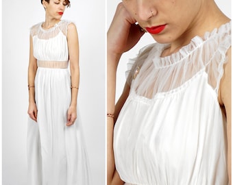 Vintage 1960s blanco piso longitud long nightgown Negligee lencería Boudoir Maxi vestido w cuerpo de jerez y panel de cintura por Seamprufe / XS / pequeño
