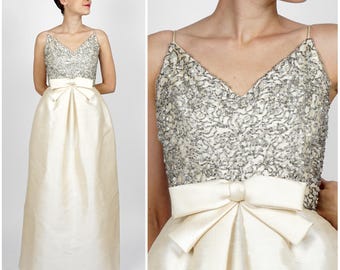 Gorgeous Vintage 60s Ivory White Silk Floor-Length Maxi Dress with Silver Beaded Bodice and Bow by Malcolm Starr | XXS/XS