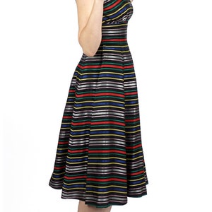 Vintage 1950s Black Stripe Fit & Flare Rainbow Ribbon Taffeta Party Dress with Fitted Waist and Full Skirt XS/Small image 7