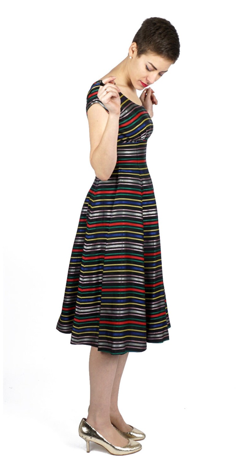 Vintage 1950s Black Stripe Fit & Flare Rainbow Ribbon Taffeta Party Dress with Fitted Waist and Full Skirt XS/Small image 7