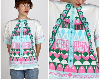 Vintage 1970s Multicolored Short-Sleeve Cotton Blouse with Geometric Tree Pattern by I. Magnin | Small/Medium