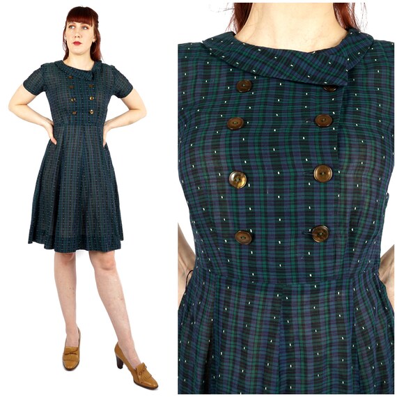 Vintage 1950s Dark Green & Navy Blue Plaid Polka D