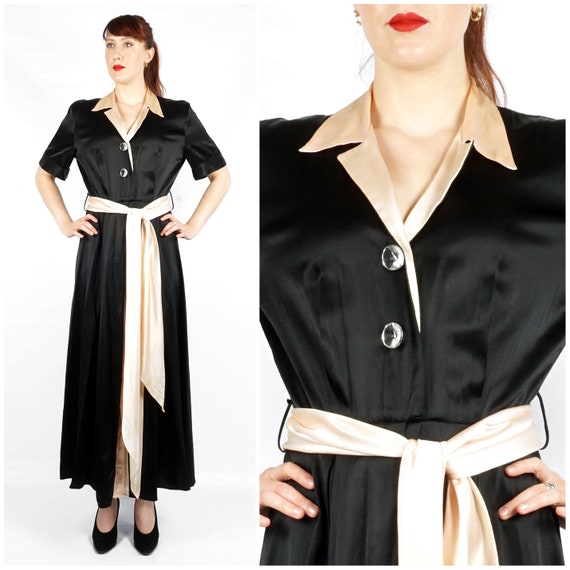 Vintage 1940s Heavy Satin Black & Pink Shirt-waist
