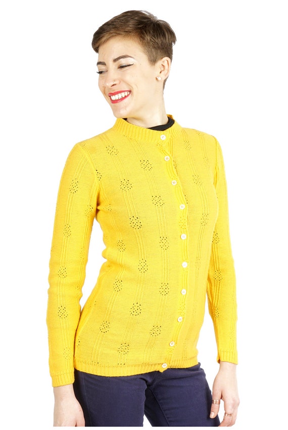 Vintage 1970s Canary Yellow Button-up Cardigan Sw… - image 7