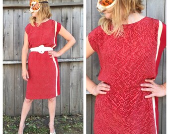 Vintage 80's 100% Silk Red and Beige Polka Dot and Striped Shift Dress by Maggie London | Small/Medium