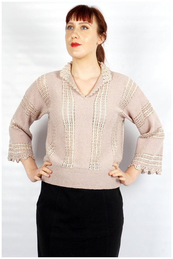 Vintage 1970s Blush Pink & Beige Stripe Crocheted… - image 5