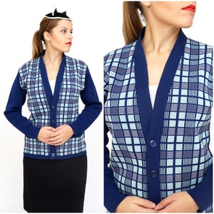Vintage 1960s Square Plaid Patterned Navy and Light Blue Cardigan Sweater | Medium