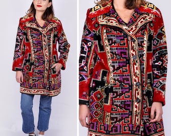 Vintage 60s/70s Plush Red and Purple Geometric Double Breasted Tapestry Rug Coat Jacket | Small