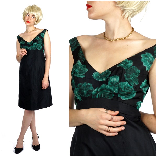 Vintage 1960s Black & Green Floral Off-Shoulder Cocktail Dress with Deep Back by Bözsi Haute Couture | Small/Medium