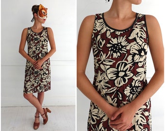 vintage années 80/90 Simple Rusty Brown et Crème Floral Tank Dress par Sonia Rykiel | Moyen large