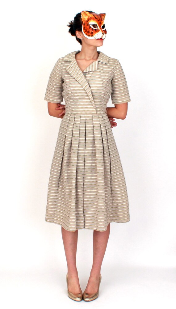 Vintage 1950s Taupe and Green Striped Day Dress w… - image 2