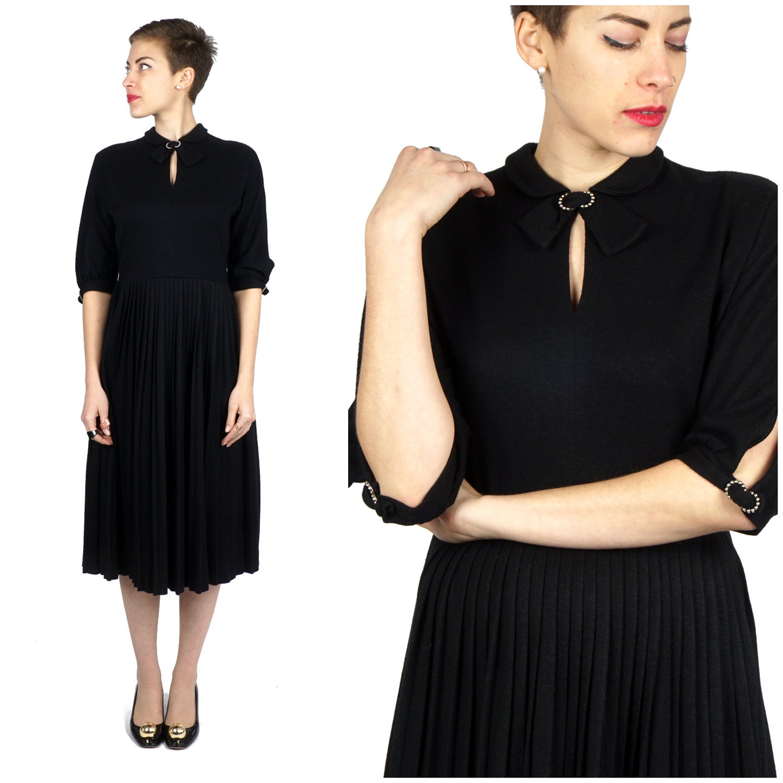 Vintage 1940s Black Wool Dress With Keyhole Bow Neckline and - Etsy