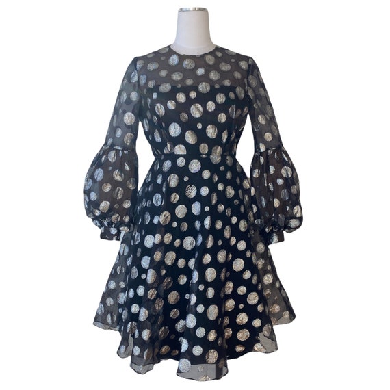 Vintage 1960s Metallic Silver Polka Dot Fit and F… - image 2