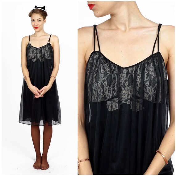 Vintage 1960s Black Nightgown Slip with Sheer Ove… - image 1